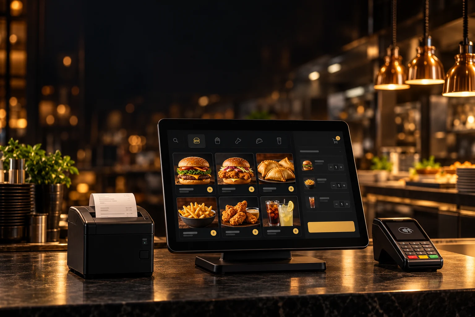 Restaurant POS with a food ordering screen, receipt printer and payment terminal